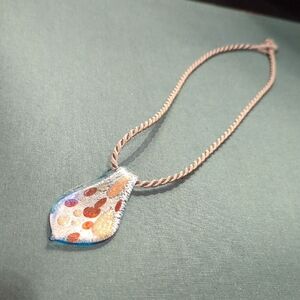 Artisan Glass Teardrop Pendant Necklace Abstract Circles Gold Brown Blue Silver